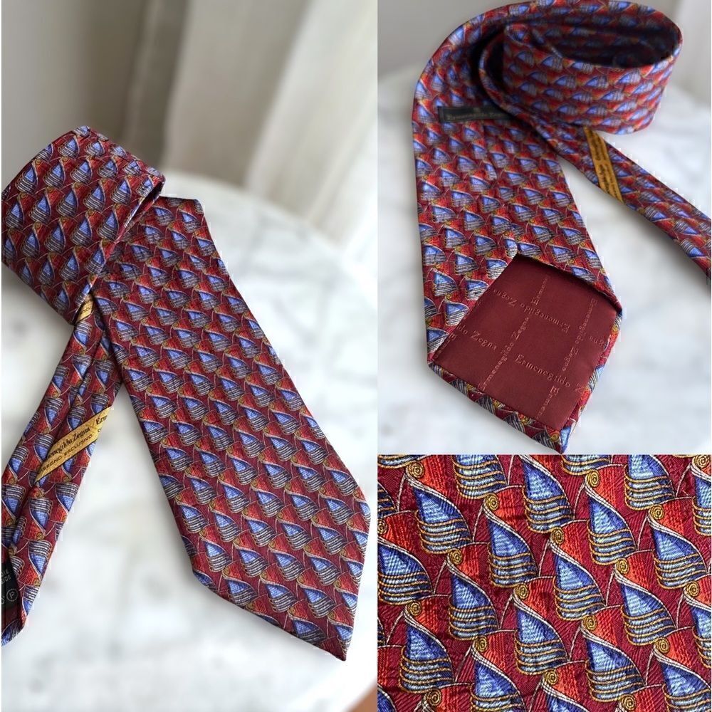 Ermenegildo Zegna Red Blue Gold geometric silk tie Italy